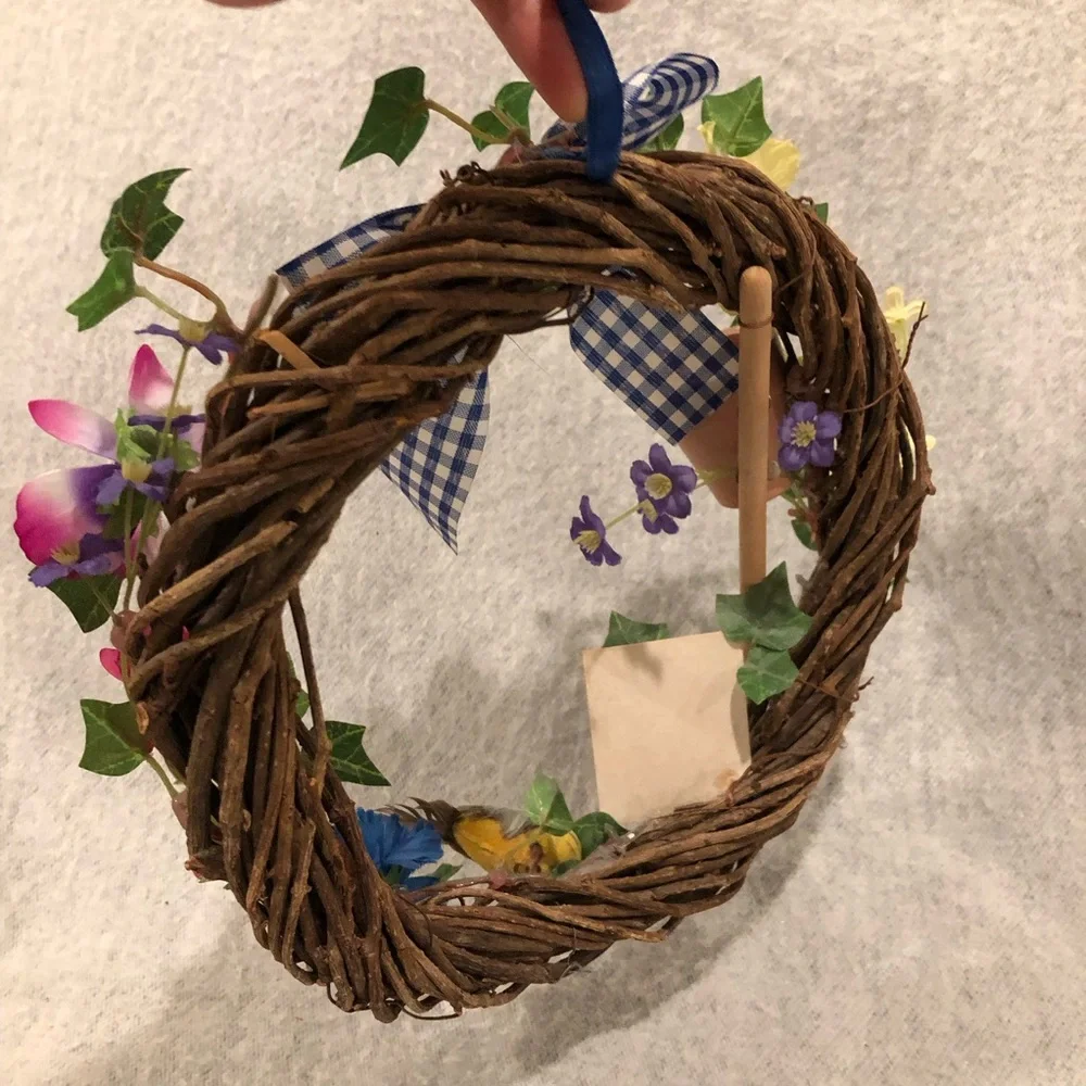 NWOT - Colorful Floral Garden Wreath with Gingham Bow